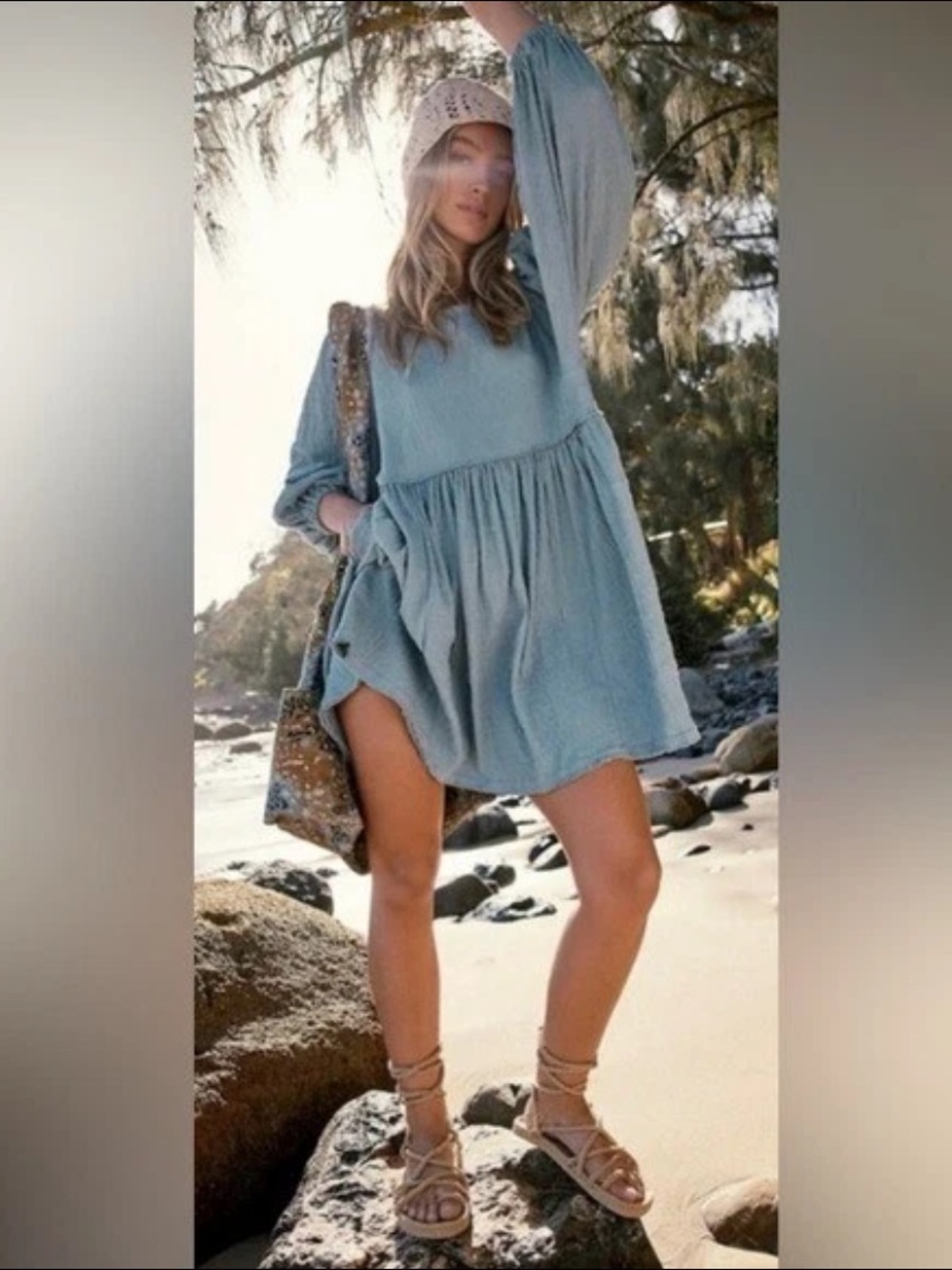 Free People Beach Get Obsessed Babydoll Gauze Cotton Midi Dress M Medium Blue